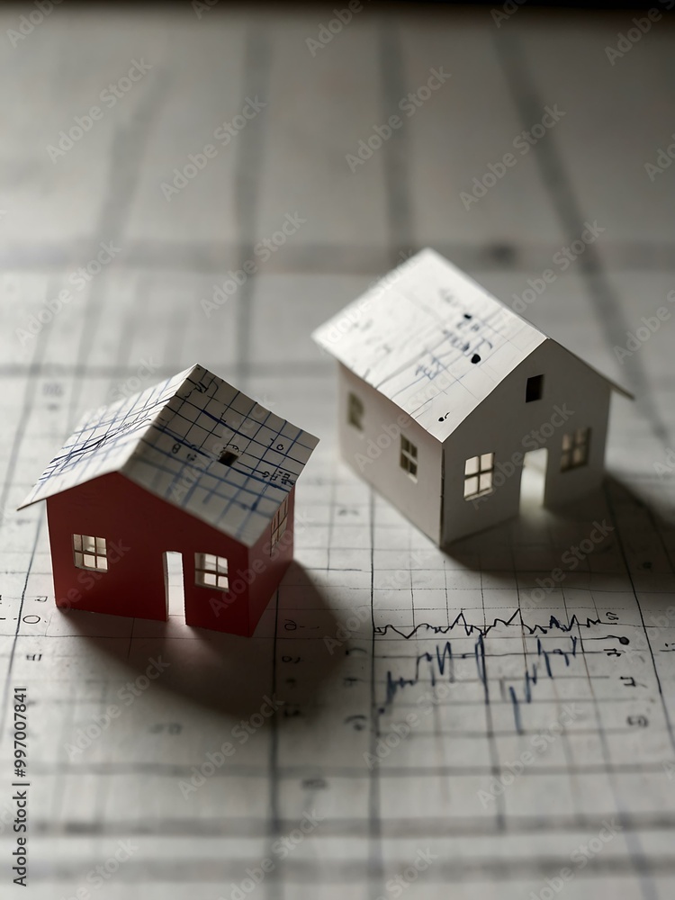 Poster small model house on a sheet of paper with a graph.