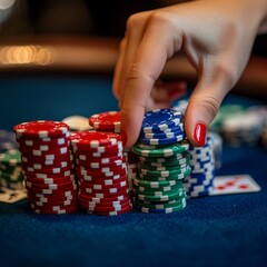 Casino theme. Closeup of female hand with red manicure playing poker.