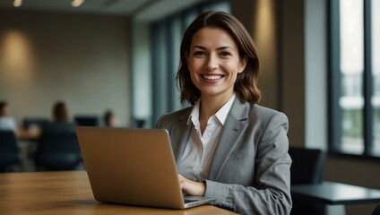 Smiling businesswoman using a laptop in a modern conference room.