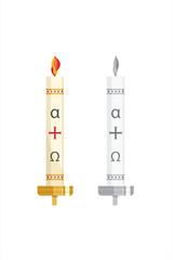 Line illustration of a large Paschal wax candle in a candlestick on a white background. Used in liturgies in Western Christianity. Colour and black.