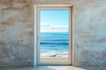 Fototapeta premium Aesthetic Aluminum Door Opens to Clear View of Tranquil Ocean, Inviting Peaceful Contemplation