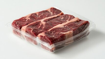 Fototapeta premium A well-marbled chuck steak packaged in plastic, arranged on a clean white background, highlighting its quality and ready-for-sale condition.