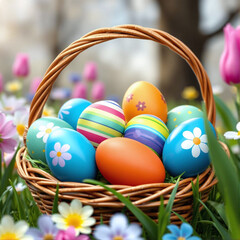 Colorful Easter eggs arranged in a wicker basket surrounded by spring flowers