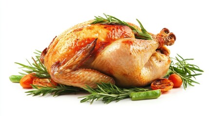 A whole chicken ready for roasting, displayed on a white background, highlighting its size and freshness for meal preparation visuals.