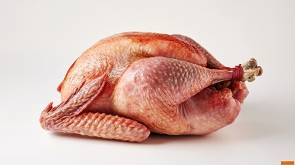 A whole raw turkey placed on a plain white background, highlighting the bird's size and freshness, ideal for holiday meal planning or recipes.