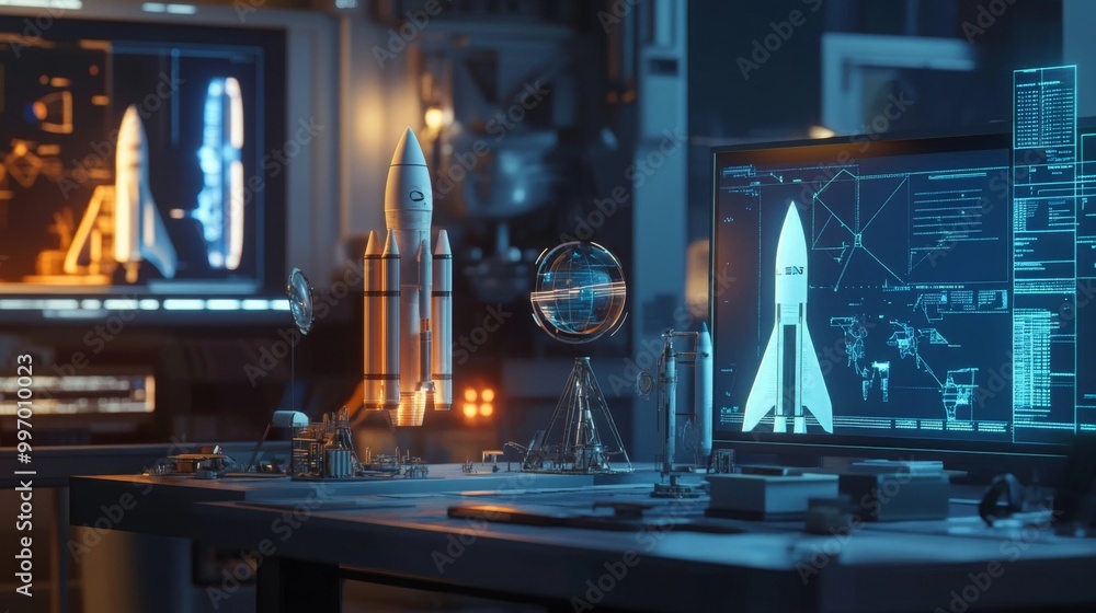 Poster Engineers collaborate in a modern laboratory, focused on spacecraft design using advanced technology. Blueprints and holographic displays illustrate rocket concepts amid ambient lighting.