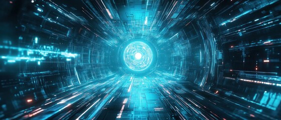 Fototapeta premium Futuristic abstract hallway time travel glowing blue neon cyberpunk technology background wallpaper AI generated image