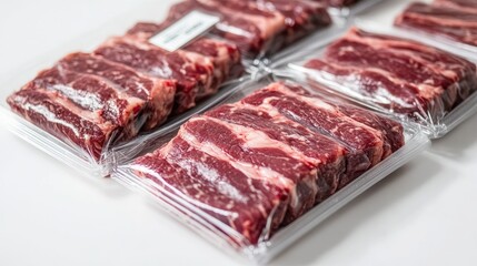 Fototapeta premium Brisket in airtight packaging with a label, arranged on a clean white background, perfect for retail display of premium meat cuts.