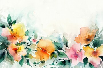 Watercolor floral arrangement with colorful blossoms and leaves on a soft white background