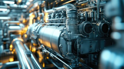 Fototapeta premium Close-up of a large ship engine with intricate mechanical parts, emphasizing power and industrial strength in a maritime setting, perfect for engineering concepts.