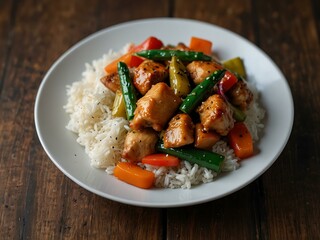 Stir-fried chicken with vegetables and rice plated beautifully.