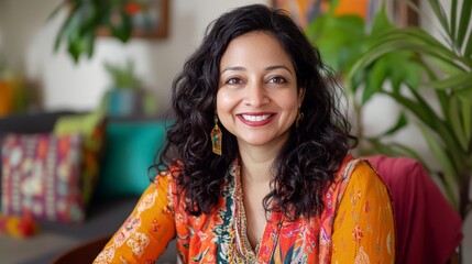 Bright and cheerful, a smiling Indian woman engages in a virtual meeting from her vibrant home office, surrounded by colorful decorations and greenery