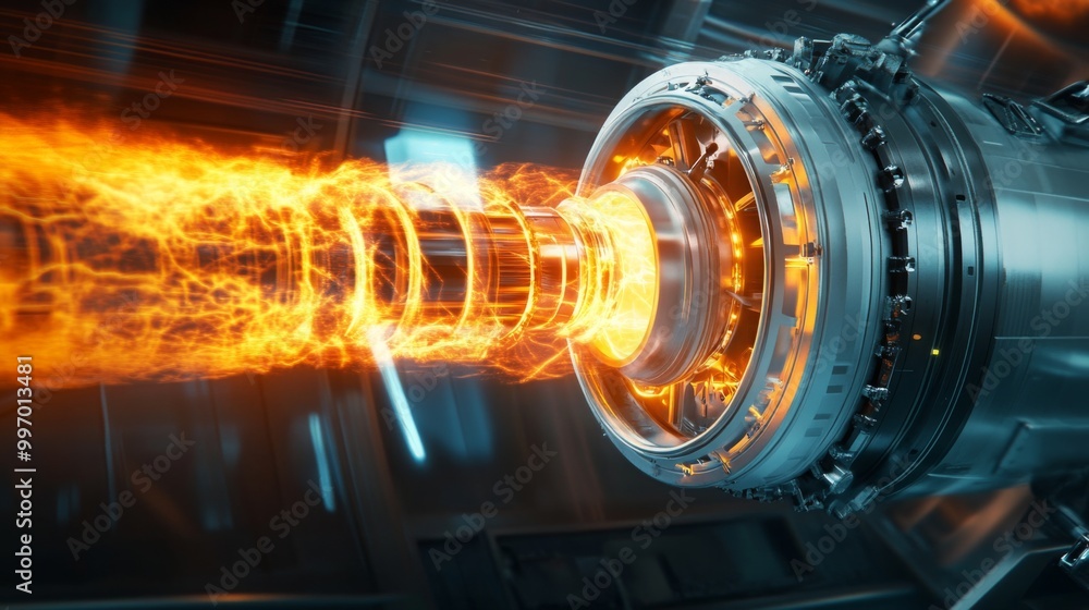 Aufkleber A powerful rocket engine produces bright flames and intense heat in a modern laboratory. The innovative design highlights advanced technology, showcasing the engine's complexity and energy output.