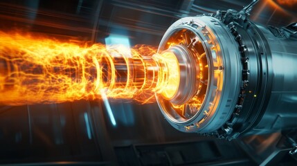 A powerful rocket engine produces bright flames and intense heat in a modern laboratory. The innovative design highlights advanced technology, showcasing the engine's complexity and energy output.