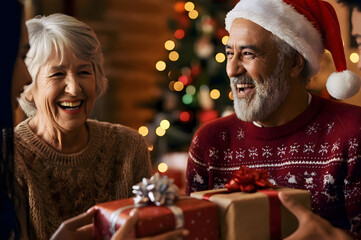 Happy, smiling diverse group of friends exchanging christmas gifts, presents, cheerful mature people celebrating christmas, new year eve, having fun on a festive home party.