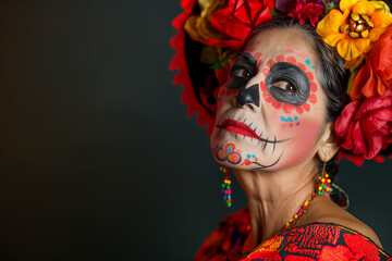 Woman with Colorful Day of the Dead Makeup and Floral Headpiece