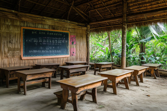 Rustic Rural Village Classroom Features Simple Wooden Desks and Chalkboard for Basic Education