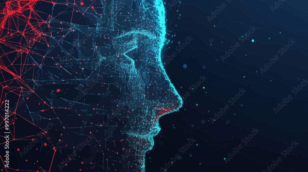Poster futuristic 3d polygonal face recognition banner with low poly wireframe and connected dots for smart