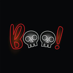 Neon Boo text. BOO! neon sign. Halloween concept. Vector banner. Line art. Isolated on black background. Holiday. Halloween message. Design print on shirt, card, poster, tee. Red text Ghost face. 
