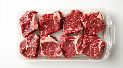 Obraz premium Fresh chuck steak in a clear plastic tray, neatly arranged on a white background, showcasing its ready-to-cook appeal for retail.