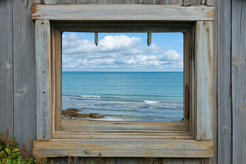 Charming Seaside Cottage Window Frames Breathtaking View of Endless Blue Horizon