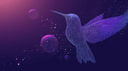 Abstract Colibri in Starry Sky, Minimalist SVG Vector, Cosmic Universe, Wireframe Hummingbird with Planets and Stars, Unique Space Concept Illustration, Points Lines Shapes, Futuristic Digital Art