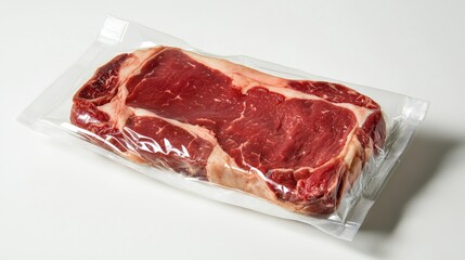 Obraz premium Fresh ribeye steak, neatly packed in plastic wrap with visible marbling, displayed on a simple white background, highlighting product freshness.