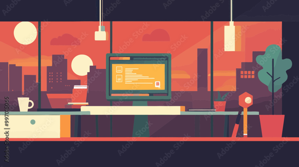 Aufkleber flat style office workspace vector: modern web design and development concept with cityscape backgro