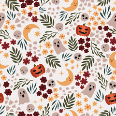 Hand drawn seamless halloween pattern with cute elements in flat style. Botanical and spooky backdrop with leaves, flowers, pumpkins, moon, skulls and ghosts. Vector light doodle print 