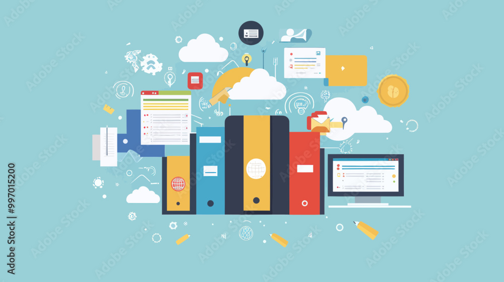 Poster flat design concept of cloud computing and data storage with business document management for online