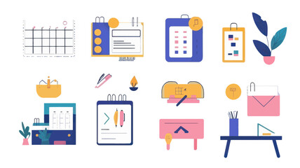 Flat Design Calendar Planner Organizer Vector Illustration for Time Management and Reminders with Notebooks, Desk Setup, and Stationery