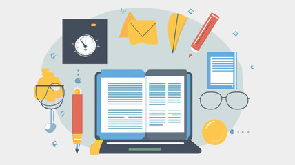 Fototapeta premium Educational Vector Illustration with Online Learning Tools, Open Laptop, Books, Pens, Clock, and Glasses for Training and Tutorials