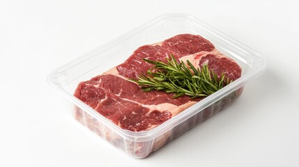 Fresh tenderloin steak in a clear plastic container, showcased against a white background, perfect for high-end retail meat displays.