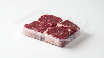 Fototapeta premium Fresh tenderloin steak in a clear plastic container, showcased against a white background, perfect for high-end retail meat displays.