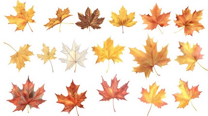 Fototapeta premium Colorful Autumn falling leaves isolated on transparent background. Ai Generative 