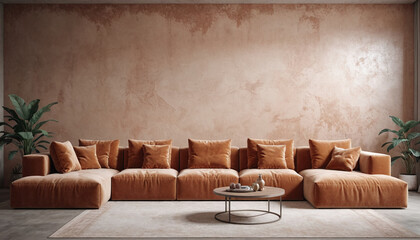 Modern furnished, colorful and cozy contemporary living room, living area with designer style sofa in daylight