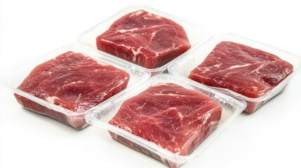 Fresh tuna steaks neatly arranged in plastic packaging, set on a white background, perfect for retail display or seafood promotions.