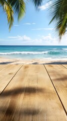 Fototapeta premium Empty wooden table top with blurred tropical beach background for product display montage, with copy space