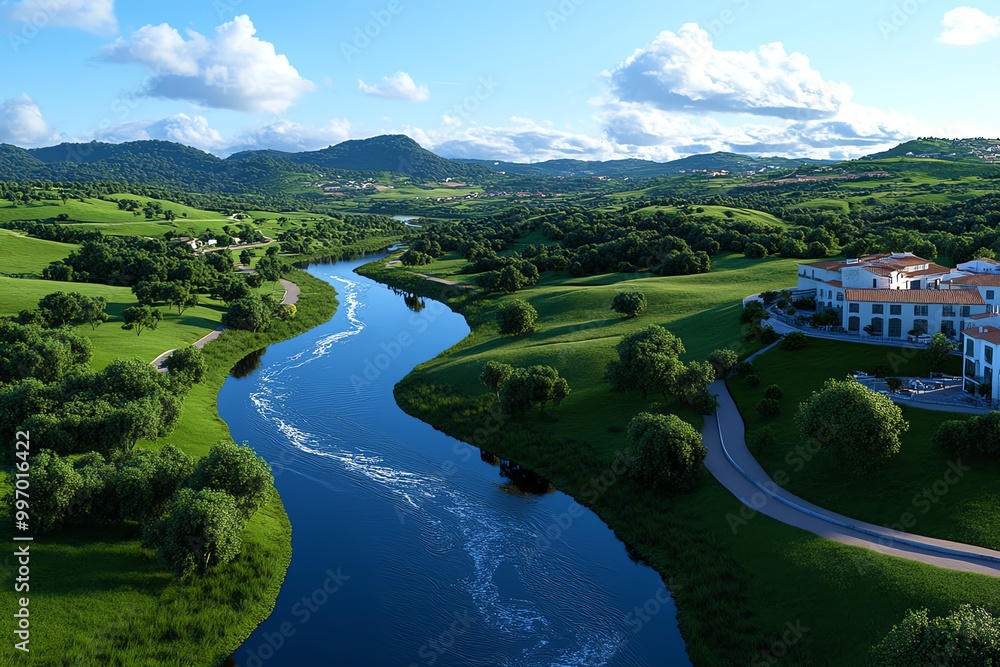 Poster digital 3d interactive animation of river alcoa, showing realistic water flow and the surrounding la