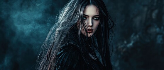 Obraz premium Woman in a dark mysterious and scary black costume background wallpaper AI generated image