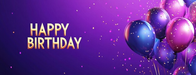 Naklejka premium Happy Birthday banner with fireworks and balloons on a purple background text 