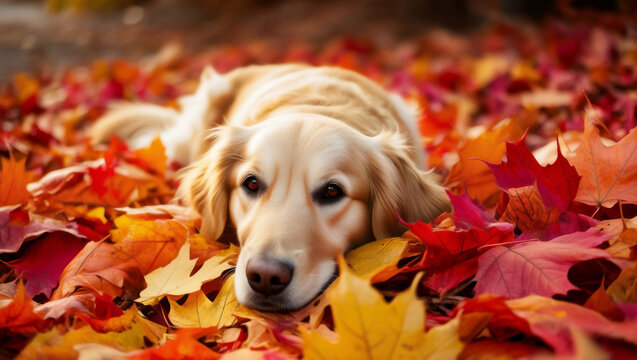 A golden retriever peacefully lying on colorful autumn leaves, capturing the essence of fall in a serene outdoor setting.