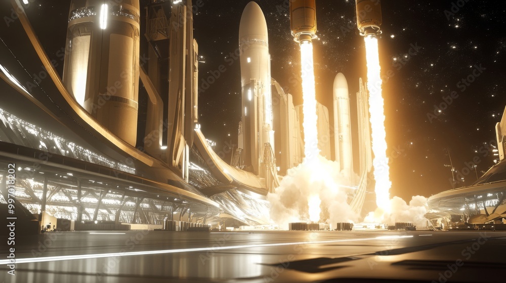 Poster A massive rocket is launching from a sleek, advanced spaceport under a starry sky. Flames burst from the engines as the vehicle ascends, surrounded by towering structures and intricate technology.