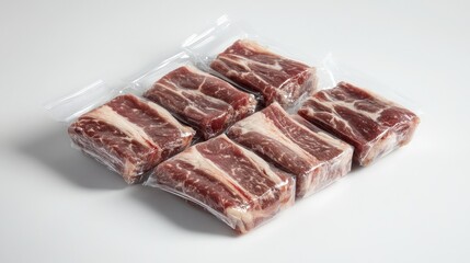 Fototapeta premium Packaged short ribs neatly sealed in vacuum packaging, displayed against a white background, highlighting their marbling and ready-to-cook appeal.