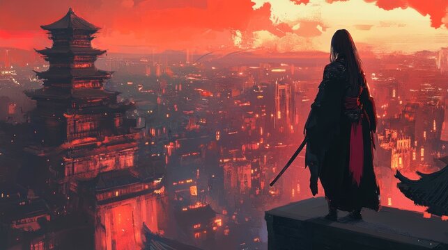 A samurai ninja sword assassin style anime girl standing above the village background wallpaper AI generated image