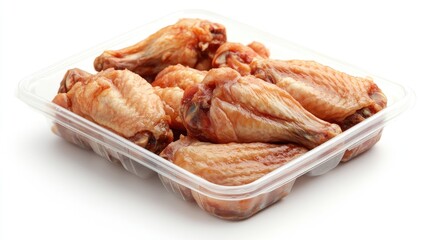 Pre-packaged chicken wings arranged in a plastic tray, set against a clean white background, ideal for highlighting fresh, ready-to-cook meals.