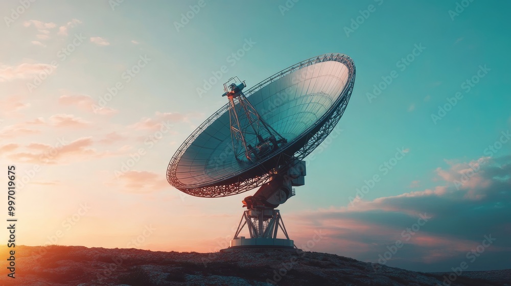 Poster radar dish receiver pointed towards the horizon, emphasizing its high-tech design and precision, per