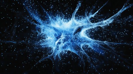 Ethereal Connections: The Explosive Dance of Neural Structures in Vibrant Blue Against a Deep Black Canvas