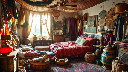 Fototapeta premium Cozy and vibrant bohemian bedroom filled with colorful textiles and decor