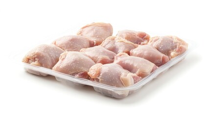 Raw chicken thighs in plastic packaging, displayed against a white background, perfect for showcasing retail poultry products.